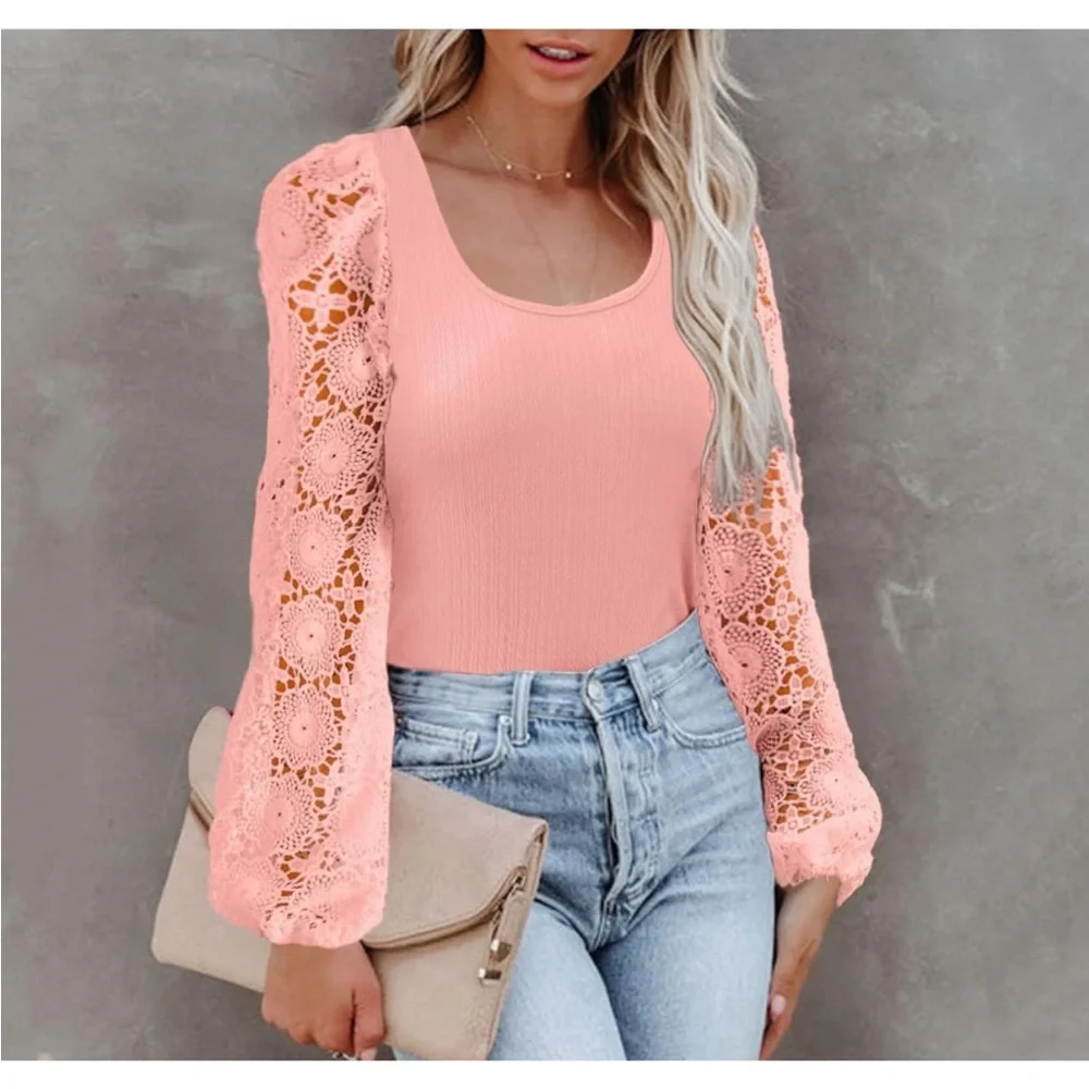 Pink lace/crochet sleeve top NWOT